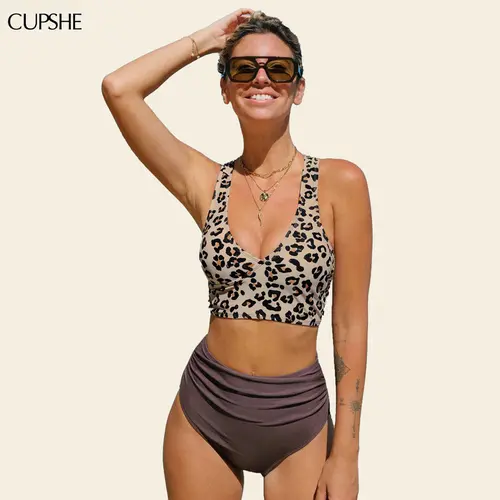 Cupshe Women's Leopard Print Midkini Bathing Suit - High Waisted Mid Rise Tummy Control Bikini Set with Asymmetrical Crossover Back Support for Beach Vacation | Swimsuits Bikinis, Tummy Control Swimsuits for Women