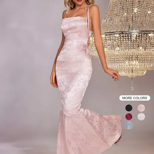 Parthea Women's Lace Up Satin Cami Body Con Mermaid Dress, Summer Clothes Women, Elegant Chic Tie Shoulder Sleeveless Spaghetti Strap Maxi Formal Party Evening Gown, Summer Womenswear, Bodycon Fit Dress, Dresses For Party