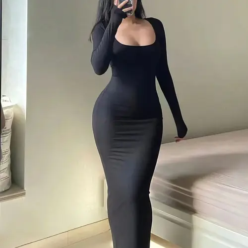 Women's Solid Color Tight Sleeve Bodycon Dress, Casual Scoop Neck Long Dress for Spring & Fall, Women's Clothing for Daily Wear
