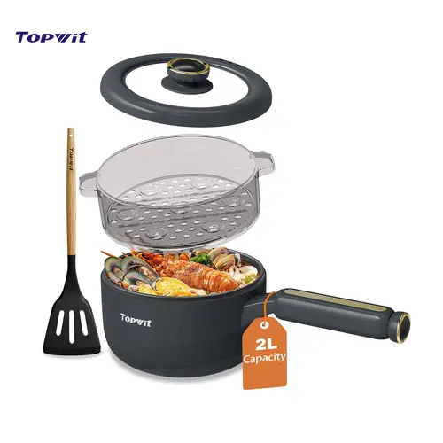 Topwit Hot Pot Electric with Steamer, 2L Non-Stick Electric Pot, Multifunction Cooker for Ramen, Soup & Oatmeal, Portable Hot Pot with Power Control for Dorm, Office, Travel (Silicone Spatula Included)