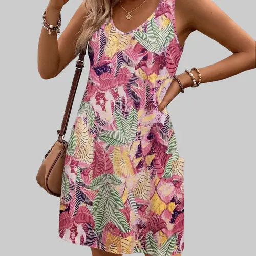 Women's Casual Boho Floral T-Shirt Dress - V-Neck, Loose A-Line Mini, Flowy Swing, Pockets, Pull-On Fit, Beach-to-Town Style, Thin Slightly Translucent, Machine Washable (Note: Sizes Run Small)