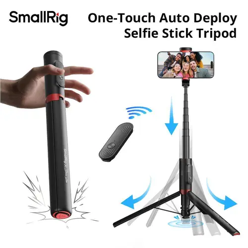 SmallRig ST30 Lite Foldable Metal Selfie Stick Tripod - Auto-Open Mobile Stand, Travel Tripod, Wireless Remote, Height Adjust, Anti-Slip Silicone Feet for Smartphone Camera Accessories (5292/5291), Vlogging Equipment