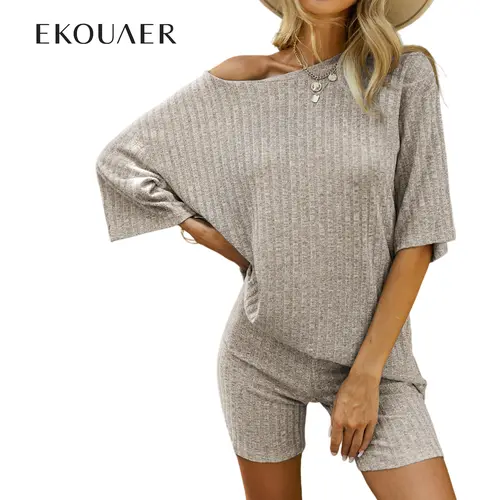 Ekouaer Women's 2-Piece Maternity Pajama Shorts Sets - Breathable Ribbed Fabric Stretchy M-Shirt & Bike Shorts, Bodycon Pregnancy Home Loungewear, S-XXL, Ideal for Street & Party Use