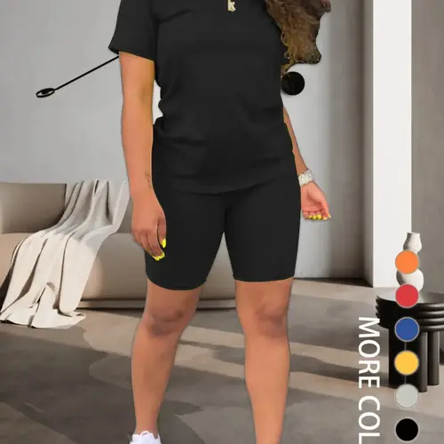 Two-piece Women's Fitted Plain Basic Round Neck Tee & Skinny Shorts Set, Minimalist, Casual Summer Clothes for Women, Short Sleeve Crew Neck T-shirt & Shorts, Summer Outfit for Outdoor, Matching Clothing Set, Casual Beach Set