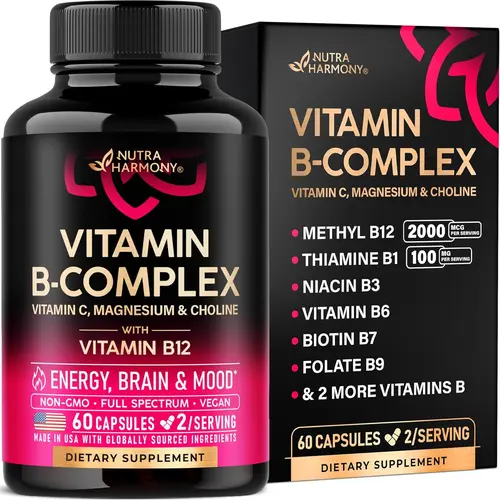 Vitamin B Complex Capsules for Men & Women - 11-in-1 B-Complex: B1, B2, B3, B5, B6, B7, B8, B9, B12 with Vitamin C, Choline, Inositol - Made in USA - Vegan, Non-GMO