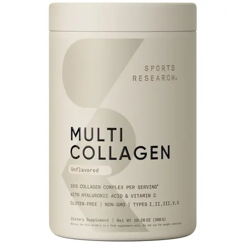 Sports Research Multi Collagen Protein Powder (Type I, II, III, V, X) with Hyaluronic Acid + Vitamin C - 5 Types of Food Based Collagen - 30 Servings - Unflavored - 10.6 oz