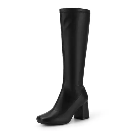 Dream Pairs Women's Stylish Gogo Knee-High Boots - Square Toe, Chunky Block Heels, Synthetic, Flexible Stretchable PU, Wide Fit, Casual Walking, Day-To-Night Alternative Footwear (Black/Patent/PU), Women's Fashion, Chunky Shoes