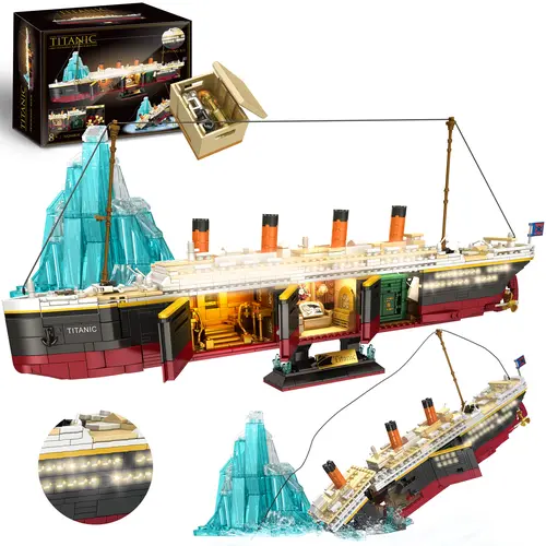 TOKMOC 2288 Pieces,Titanic Building Block Set,with Iceberg Sinking Pattern,Three Visible Cabins,Glacier Design,Glowing Light Strip,Giant Ship Collecting Building Brick Model,Birthday Gift and Home Decoration,For Aged 12 and Above,Stress Relief Toy,66010