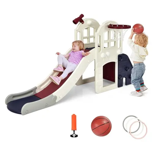 Costzon Large Unisex Toddler Plastic Outdoor Play Set - Sports Playground Equipment, 75"l x 33"w x 39"h High Density Polyethylene, Long Slide Slope, Basketball Hoop & Ball, Playroom/Backyard Use, Children Development Father's Day Gift, Playroom For Toddle