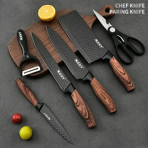【BackToSchool Haul】6-Piece Sturdy Stainless Steel Kitchen Knife Set with Sharp Blade, Non-Stick Chef & Meat Knives, Ceramic Cutting Chopping Block for Food Prep, Back To School Haul, Gifts