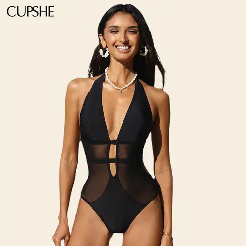 CUPSHE Hourglass Sculpting Mesh One-Piece Swimsuit | Deep V Neck Tummy Control Monokini  swimwear | Chic Halter Back Sheer Bathing Suit for Pool Party Glam Bathing suit #summerfinds