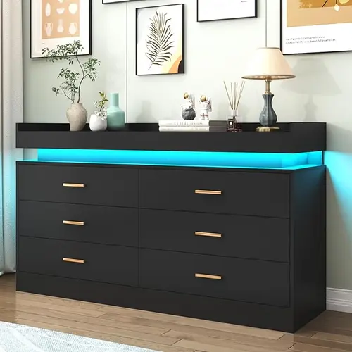 6 Drawer Dresser with LED Light, Modern Chest of Drawers for Closet, Wide Drawer Organizer Cabinet for Bedroom, Living Room, Entryway, Hallway