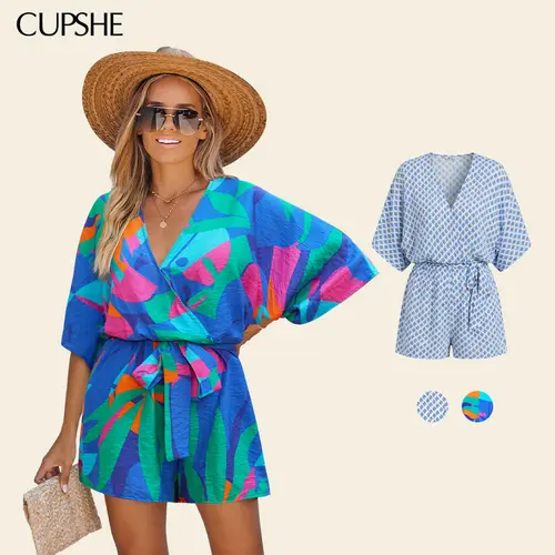 CUPSHE Leopard Print Romper Short Sleeve Lace Up V-Neck Wide Leg Jumpsuit for Summer Vacation Beachwear Comfort Fit Outfit Womensfashion Womenswear #DealsForYouDays, Women's Clothes, Beach Outfits