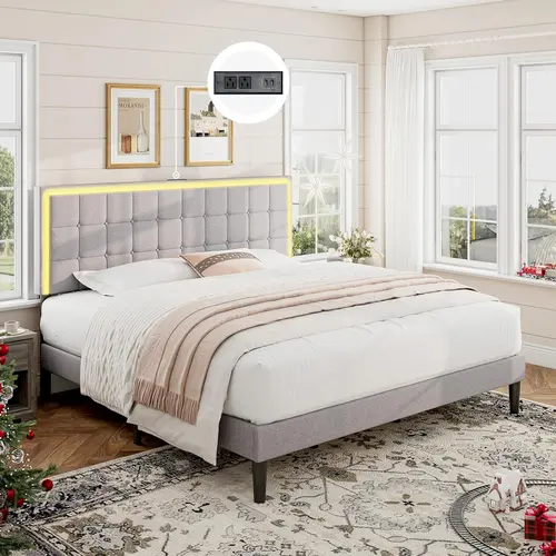 [DealsForYouDays][Summerwins] AMERLIFE Modern Bed Frame with RGB LED Lights and Linen Upholstered Headboard, Button Tufted Platform Bed Frame with USB Charging Station, Only Bed Frame/Luxury Bed Frames/Full/Queen/King/Christmas Gifts