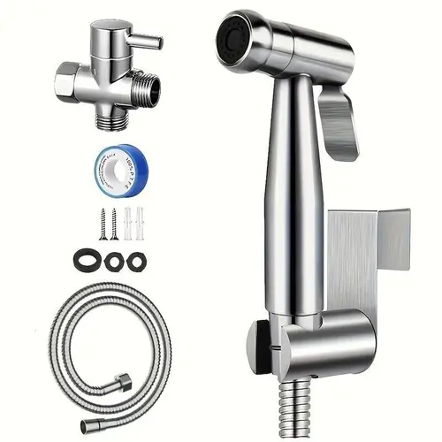 Stainless Steel Adjustable Bidet Shattaf Adapter Hose Complete Kit - Wall-Mounted Resistant Handheld Shower Head with Brushed Finish, Bidet Toilet Attachment for Easy US Bathroom Fixture Installation (Includes Teflon Tape, Anchors)