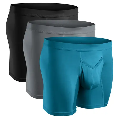 Menswear Men's Modal Spandex V-Fly Front Boxer Briefs - 7-Inch Inseam, Regular Fit, Pouch Design, Plain Style, Athletic Underwear (Cyan, Grey, Black Waist Set), Comfortable Soft Men's Boxer Briefs