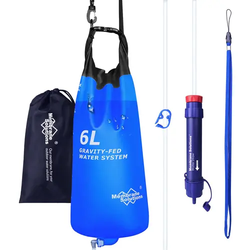 Membrane Solutions Survival Water Filtration System - 6L Portable Plastic Gravity-Fed Filter, 4-Stage Hollow Fiber Purifier, Detachable Mouthpiece, NSF & SGS Certified, No Power, Chlorine Removal for Camping, Emergencies, with Accessories, Survival Water