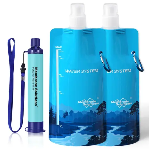 Membrane Solutions Squeezable Outdoor Water Filter Compact Kit - Pocket-Friendly Survival Gear with E.coli Removal, Filter Straw, 23oz Collapsible Travel Water Bottle for Hiking, Camping