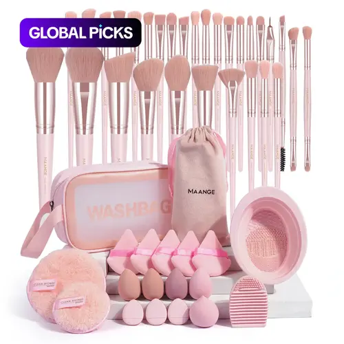 MAANGE 49-Piece Makeup Tool Set with Storage Bag, Organizer Pouch, Soft Brushes, Blending Brush, Beauty Sponges, Powder Puffs, Face Washing Puffs, and Brush Cleaning Mat for Beginners #GLOBAL PICKS