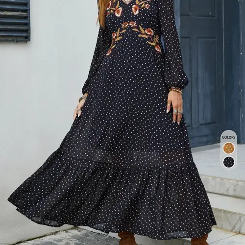 Women's Boho Bohemian Floral Flroal Embroidery Ruffled Hem V Neck A Line Fitted Woven Womenswear Dress, All Over Print Bishop Sleeve Long Sleeve Midi Dress for Spring & Fall, Women's Casual Clothing for Daily Wear, Bohemian Aesthetic