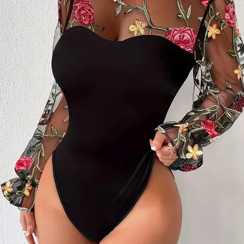 Women's Floral Embroidery Sheer Contrast Mesh Flounce Sleeve Bodysuit, Mock Neck Longsleeves Bodycon Slim Fitting Bodysuit for Vacation Holiday, Ladies Spring & Fall Clothes, Womenswear, Going out bodysuit