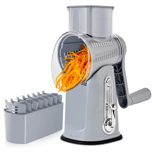 SUSTEAS Round Multifunctional Cabbage Grater - Safe Hand Crank Rotary Kitchen Gadget, Utensil with 5 Steel Blades, Strong Suction Cup Base, Blade Storage Box, Green Cheese Shredder with Wavy Cuts for Home Cooking