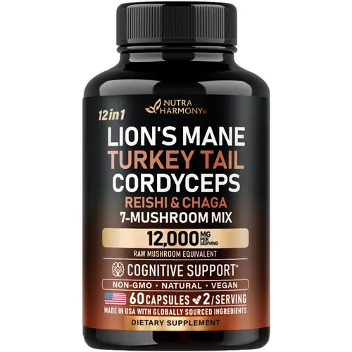 Mushroom Supplement Complex - Organic Lions Mane | Turkey Tail | Chaga | Cordyceps | Reishi | Maitake | Shiitake | Meshima | Tremella | Oyster | Agaricus - Made in USA - Non GMO, Gluten Free - 60 Capsules