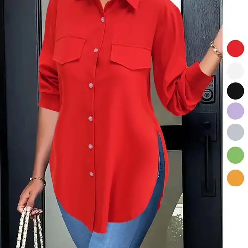 Women's Plain Button Front Split Hem Shirt Blouse, Casual Long Sleeve Collared Top for Spring & Fall, Summer Outfits 2024, Women's Clothing for Daily Wear