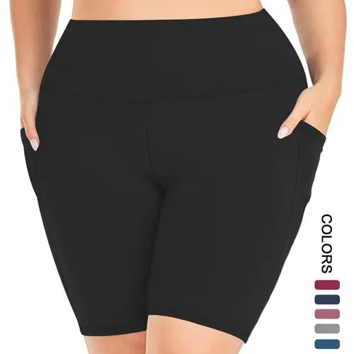 【Plus Size】 Pocket High Waist Short Leggings, Casual High Stretch Seamless Skinny Shorts, Summer Clothes Women
