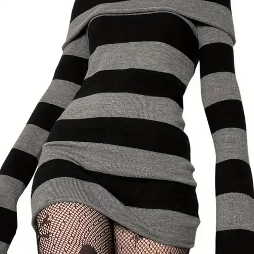 Women's Unique Striped Print Off-Shoulder Mini Dress, Fashion Casual Fit Extra-Long Sleeve Bodycon Dress for Daily Wear, Womenswear for Spring & Fall, Casual Chic Dress