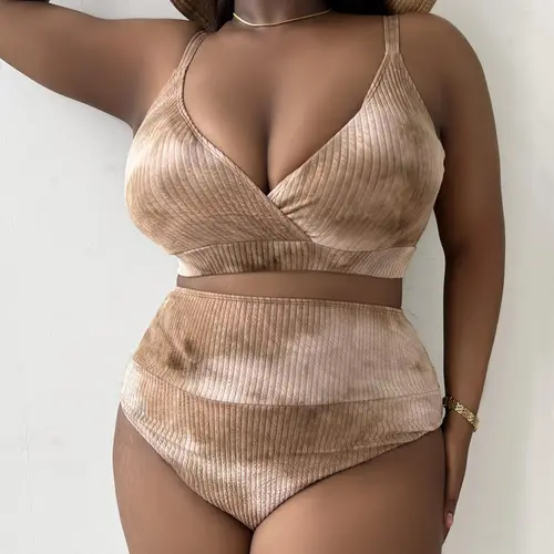 Plus Size Tie Dye Print Bikinis, Printed Bikini for Summer 2024, Adjustable Straps Wrap Bikini Top & High Waist Swim Bottom Swimsuit, Curve Bikini Swimwear for Women, High Waisted Bikini Sets
