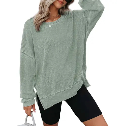 Dokotoo Womens Oversized Waffle Knit Crewneck Sweatshirts Long Sleeve Side Slits Casual Pullover Sweatshirt Tops