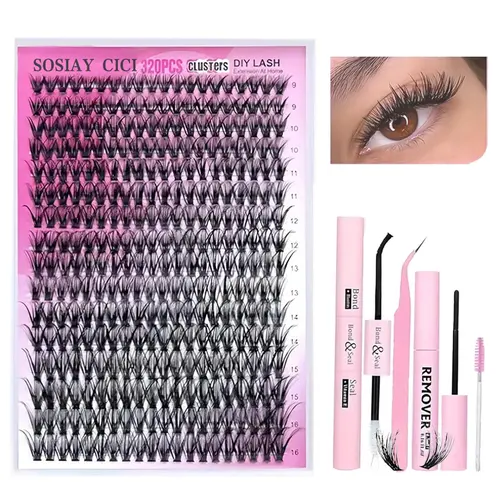SOSIAY CICI DIY Makeup Eyelash Extension Kit (9-16mm D Curl Cluster Eyelash Extensions), 320pcs Set with Separated Fluffy Lashes, Tweezers, Glue & Bond Seal, Easy to Apply & Remove for Beginners