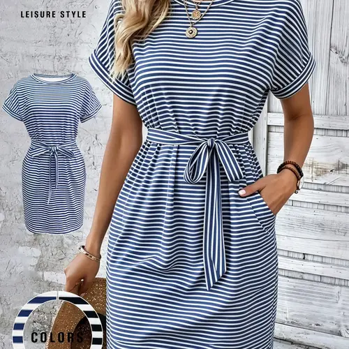 Women's Casual Summer Striped Short Sleeve Tie Front Dress with Belt, Loose Fit Soft Comfortable Fabric Pockets Knee Length Summer Dresses for Daily Wear