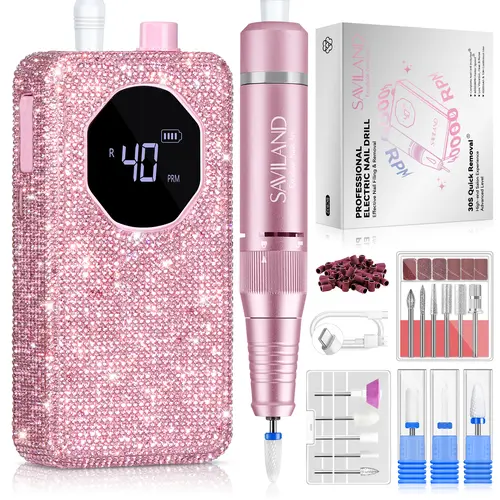 SAVILAND 40000RPM Professional Nail Drill: Rechargeable Portable Electric Nail File Kit with 4000mAh Battery, Ceramic Drill Bits & Sanding Bands for Thick Acrylic Nails, Nail Tech Salon Use summervibes