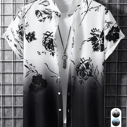 Men's Summer Ombre Floral Print Button Front Short Sleeved Shirt, Casual Tropical Shirt, Soft Comfy Casual Top for Daily Wear, Menswear
