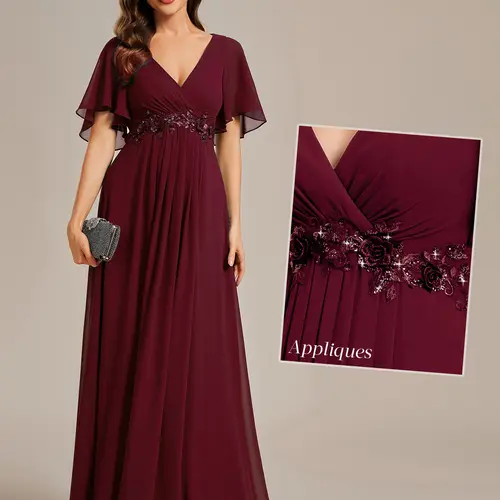 Ever-Pretty 2026 Elegant Spring  Dress ,Chiffon Maxi Gown with Deep V-Neck, Flutter Sleeves and Embroidery for Fall Wedding Guest dress Ruffles Sleeve A-Line Chiffon Waist Applique ,Maxi Formal Evening Dress 01960