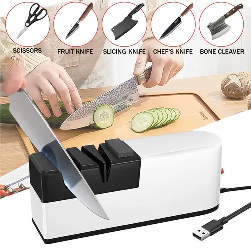 【BackToSchool】Ergonomic Automatic Electric Knife Sharpener - Compact 20cm x 7.5cm Ceramic & Tungsten Steel Kitchenware Tool with Non-Slip Design, Stainless Steel & ABS Rectangular Body for Home Kitchen Knives, Blade Repair, Tungsten Fine Grind