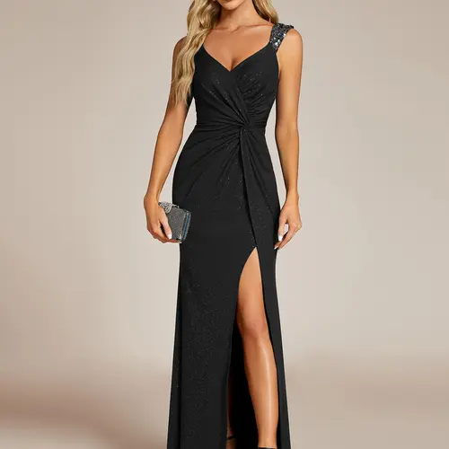 Ever-Pretty 2026 Spring  dress Black Glitter V-Neck High Slit Sequin Shoulder Strap Evening Dress for Women Maxi Fall  dress ,Cocktail party dresses,Formal Wear 01888 Elegance , Womenswear