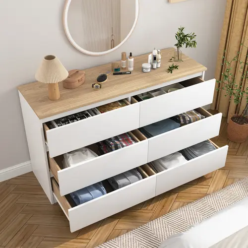 Spaco Minimal Sturdy Wood 6-Drawer Dresser - Indoor Cupboard with 20.47" Wide Drawers, 47.2" Wide Top, Clever Storage, Apartment Bedroom Organizing Solution, Home & Bedroom Decor, Small Space TV Stand