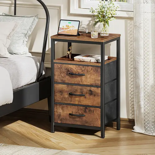 Huuger 27.6-Inch Modern Black Nightstand, Bedside Cabinet with Charging Station, Fabric Drawers, USB-C Port, Outlets, Indoor Furniture End Table for Bedroom Decor Ideas