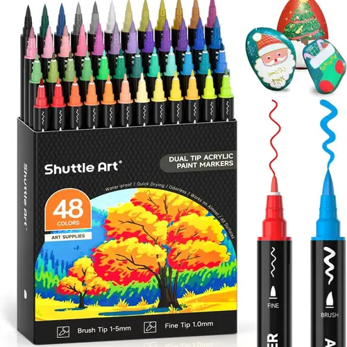 Shuttle Art 48/60 Colors Cap-Closed Dual Brush/Fine Tip Acrylic Markers, Brush Tip Drawing & Painting Supplies for Rock Painting, Glass, Wood, Student DIY Crafts