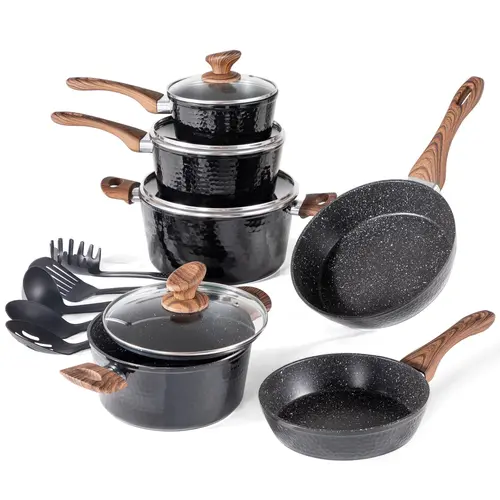 Kitchen Academy Induction Cookware Sets - 12/15 Pcs Black Hammered Cooking Pans Set with Healthy Granite Nonstick Material, for kitchen & camping, Deals for you