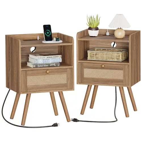 SUPERJARE Minimal 2-Piece Modern Nightstand Set with Charging Station, PE Rattan Decor Drawer, Solid Wood Legs, Organizing Shelf - Home Indoor Bedroom Furniture Bedside End Table