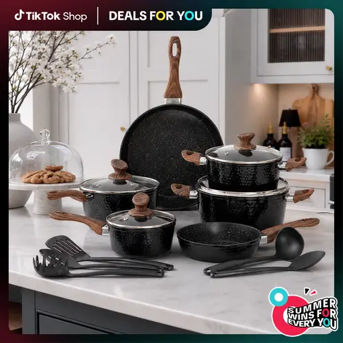 Kitchen Academy Premium Cookware Sets - 15 Pieces Triple Coated Nonstick Aluminum Composition for Stovetop, Hammered Design, Cooking Pans Set