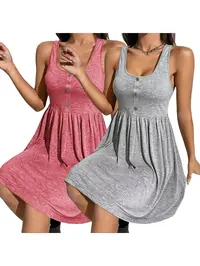 Plus Size Plain Fake Buttons Scoop Neck Fitted Stretchy Jersey Tank Dress, A Line Hem, Casual Sleeveless A Line Dress, Summer Clothes Women, Women's Clothing, Dresses for Women, Womenswear