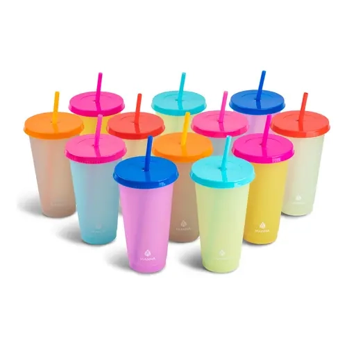24oz Color-Changing Bright Hues Tumbler & Bottle Set (12-Piece) - Portable, Reusable, Washable, Stackable Kitchenware Drinkware Cups for Cold Beverage Lovers, Hand Wash Safe, Easy to Personalize