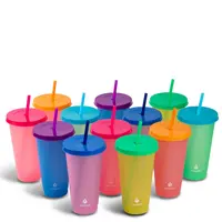 24-Piece Reusable Thermochromic Rainbow Tumbler Set - Color-Coded, Portable, Washable Kitchenware Drinkware with Refillable Straws