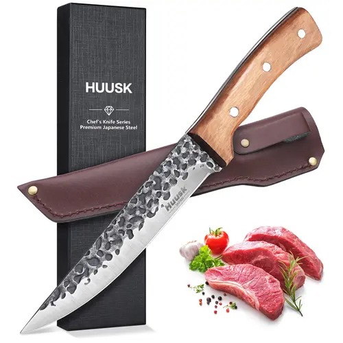 Huusk Forged High Carbon Steel Full Tang Boning Knife - Plain Edge Kitchenware for Meat Cutting & Brisket Trimming, Viking Style with Sheath, Kitchen Utility Tool