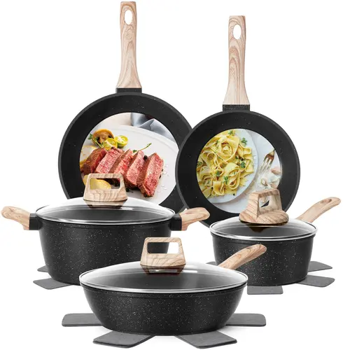 Soday 17/13/12 Pcs Non Stick Cooking Set with Frying Pans, Saucepans, Steamer, White Granite, No PFOS, PFOA, Includes Glass Lid - Kitchenware，backtoschool, glowup,sohochic